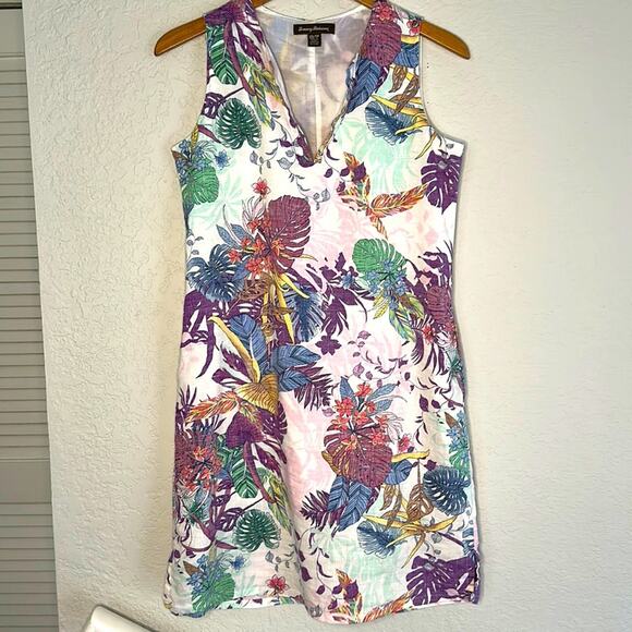 Tommy Bahama Palm Leaves Linen Shift Mini Dress Tropical Vacation Hawaiian XS - Picture 1 of 5